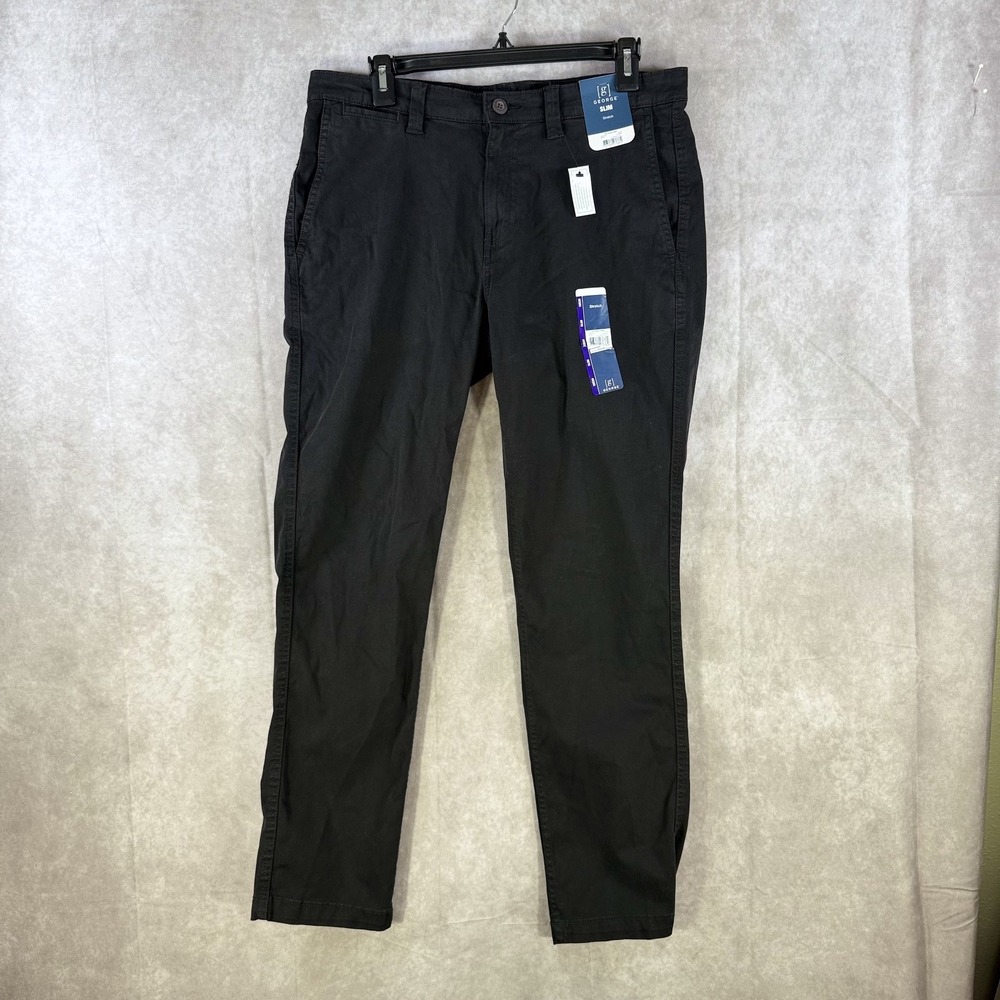 George Slim Fit Stretch Casual Chino Men 32x30 Black‎ Cotton Casual Work NWT